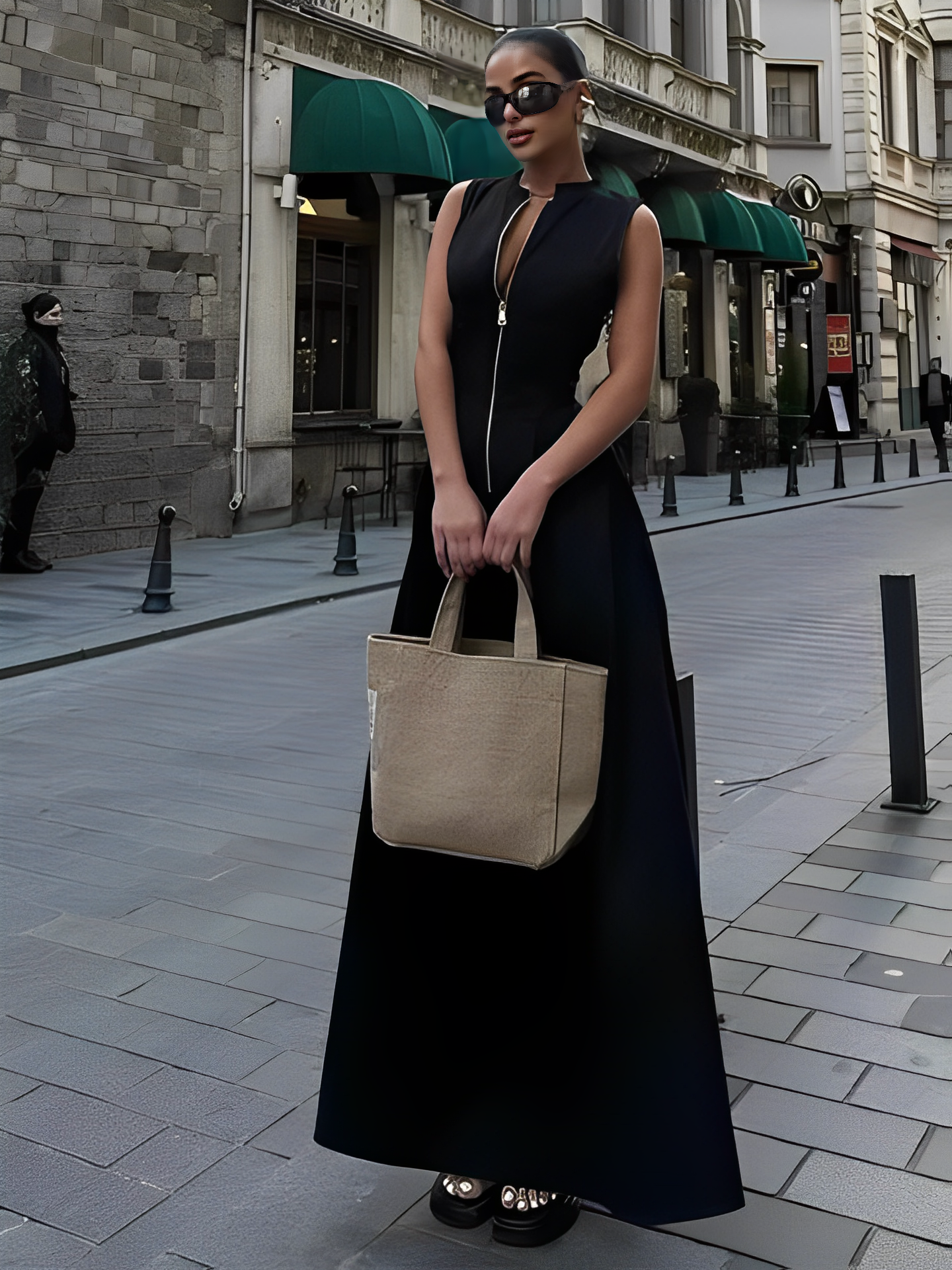 Vestido Longo com Zíper no Busto Cintura Império e Bolsos – Liriel