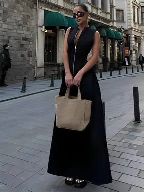 Vestido Longo com Zíper no Busto Cintura Império e Bolsos – Liriel