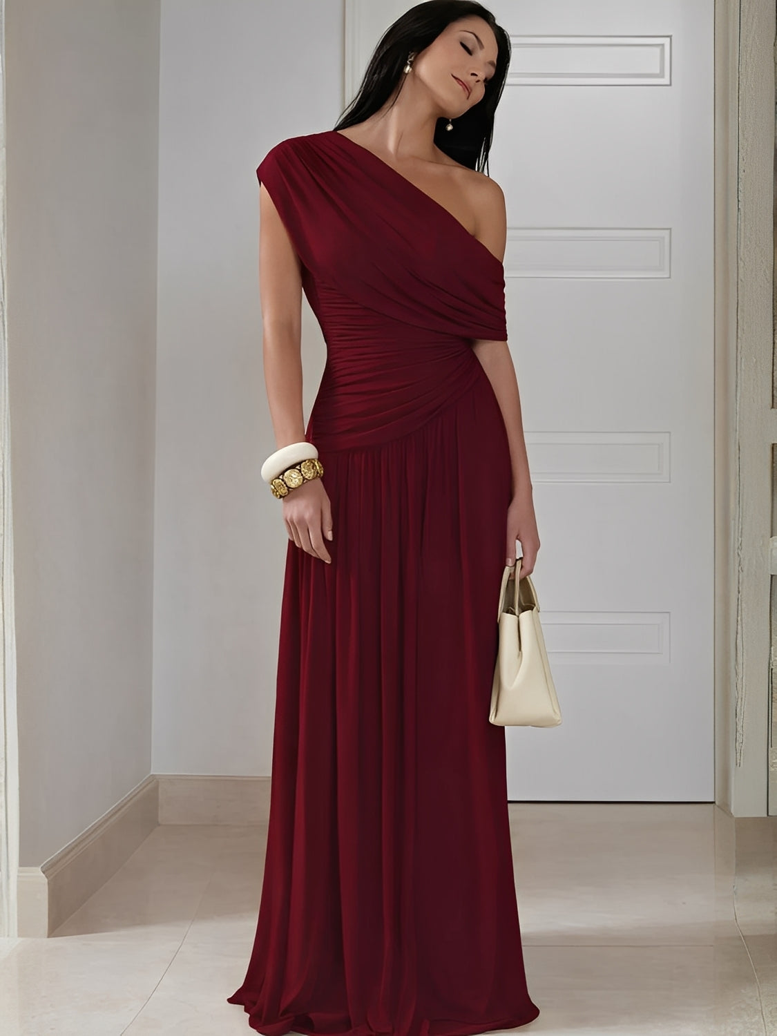 Vestido Longo Plissado Ombro Único Acinturado com Franzidos  – Lunara
