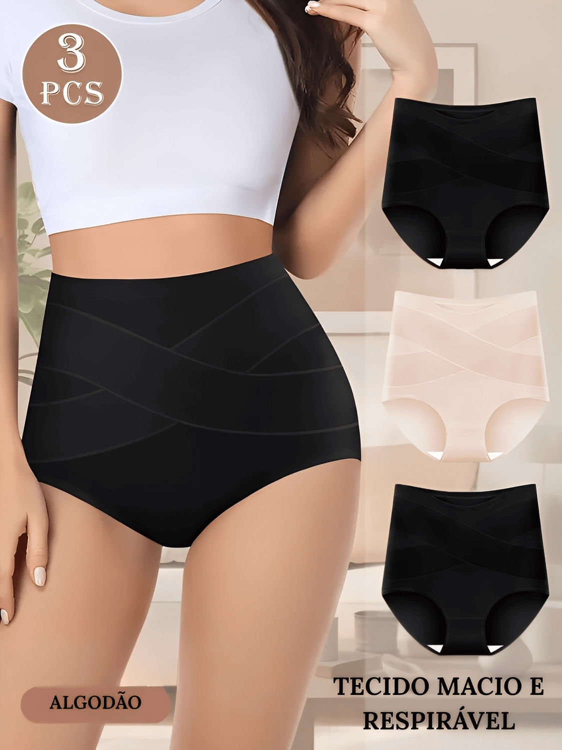 Kit 3 Calcinhas Modeladoras Cintura Alta em Algodão de Média Compressão Abdominal e Design Triângulo Elegante – Adalia