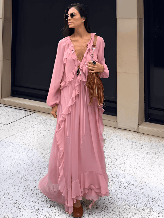 Vestido Feminino Longo em Chiffon com Babados em Camadas Decote em V e Mangas Longas – Amelie