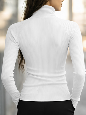 Blusa Canelada de Manga Longa com Gola Alta e Zíper Frontal -  Pétala