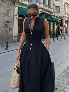 Vestido Longo com Zíper no Busto Cintura Império e Bolsos – Liriel