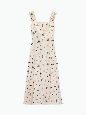 Vestido Midi de Linho com Estampa Floral e Amarração nas Costas - Malu