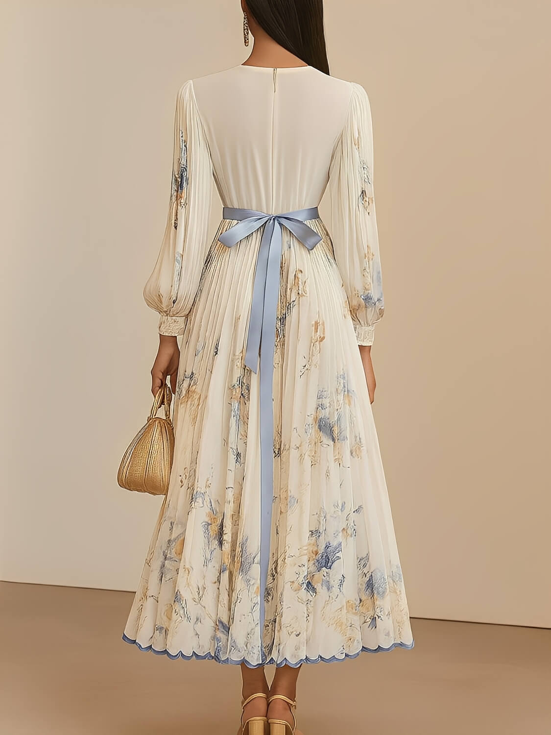 Vestido Longo Plissado Floral com Decote em V e Cinto-Faixa – Seraphina