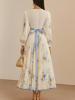 Vestido Longo Plissado Floral com Decote em V e Cinto-Faixa – Seraphina