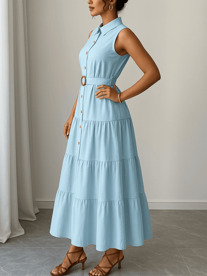 Vestido Feminino Longo em Camadas Franzidas com Gola Polo Cintura com Elástico nas Costas e Cinto Ajustável – Suzy