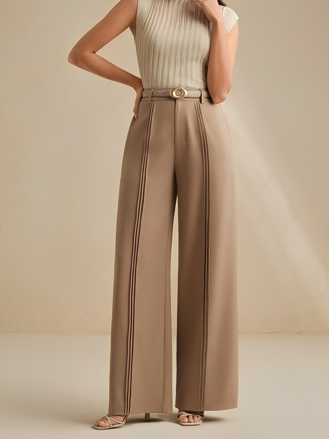 Calça Pantalona de Alfaiataria Cintura Alta com Pregas Verticais – Jade