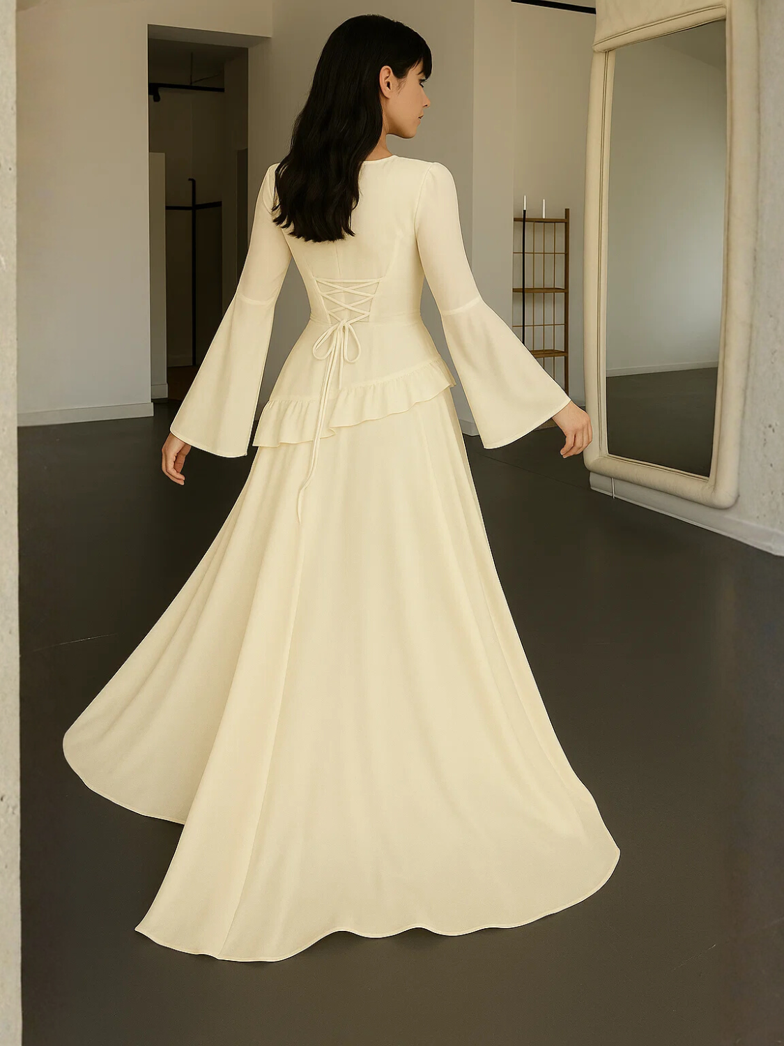 Vestido Longo de Festa em Chiffon com Manga Sino Babado e Amarração - Rubia