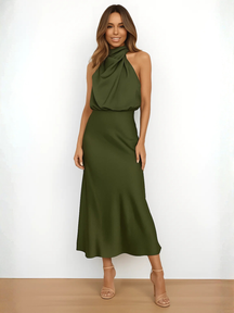 Vestido Midi Acetinado Acinturado com Gola Alta Drapeada Elegante – Rayca