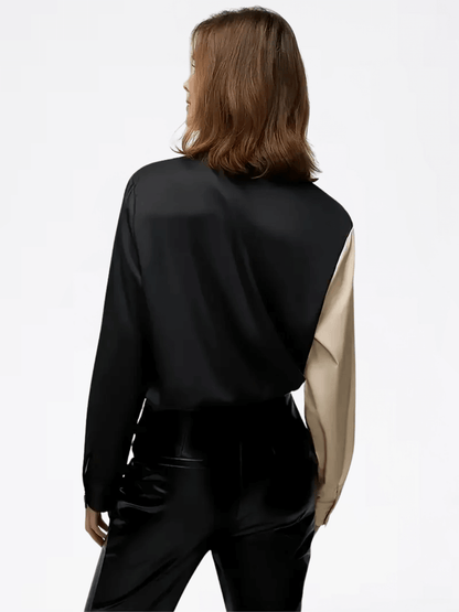 Camisa Feminina Acetinada Bicolor com Botões Dourados e Punhos com Fechamento em Botão - Joyce