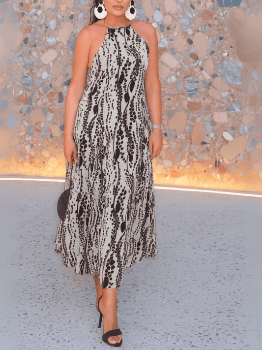 Vestido Feminino Midi em Chiffon com Estampa Animal Print Amarração no Pescoço e Costas Vazadas – Lana