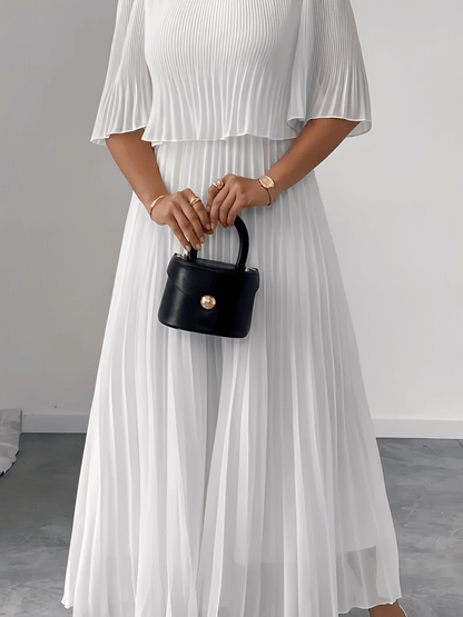 Vestido Feminino Longo Plissado em Chiffon com Duas Camadas Efeito Saia e Blusa – Marcela