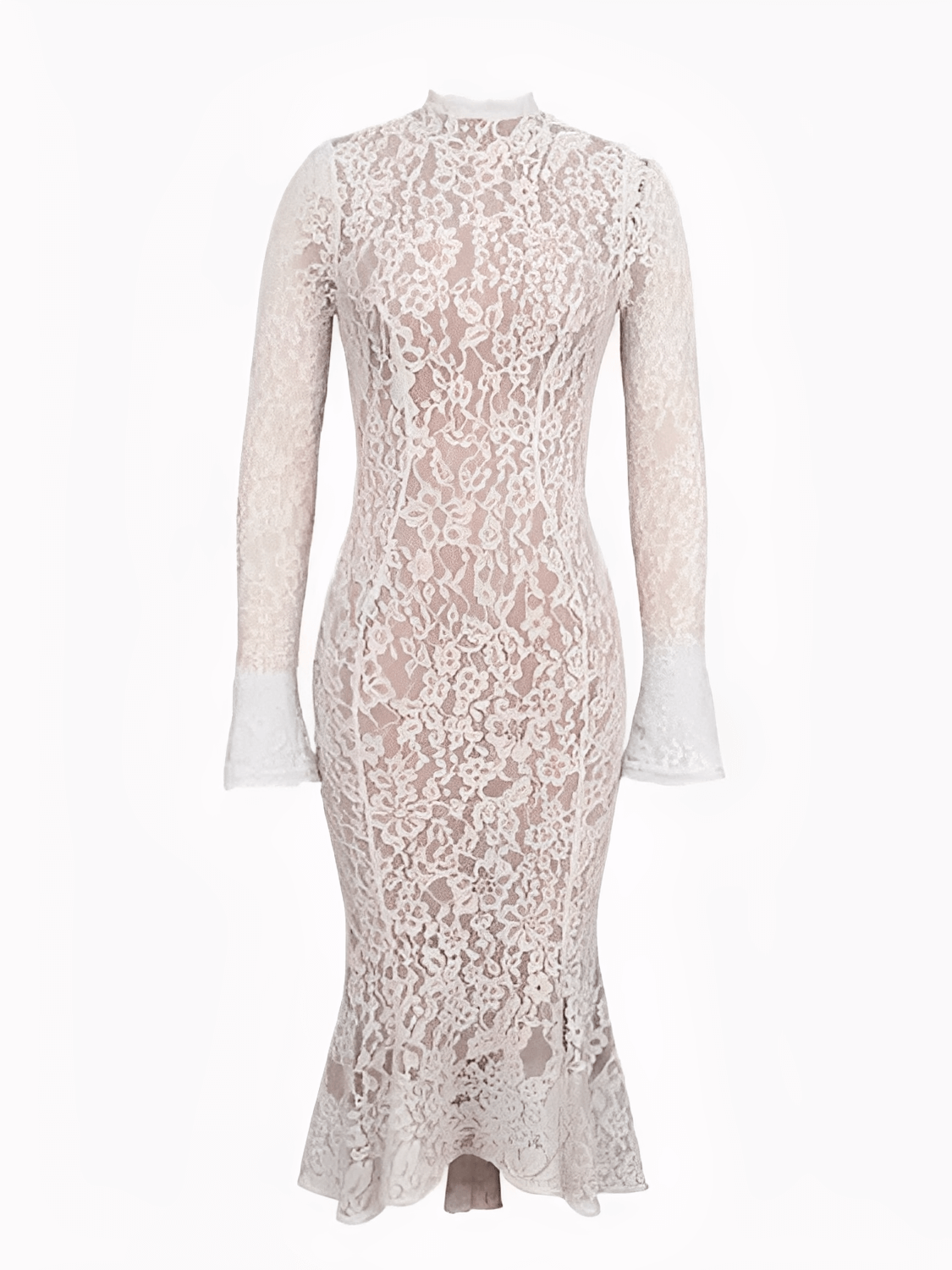 Vestido Midi  Godê em Renda Floral de Gola Alta e Manga Flare – Nagyla