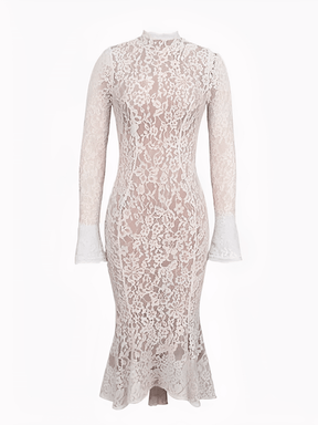 Vestido Midi  Godê em Renda Floral de Gola Alta e Manga Flare – Nagyla