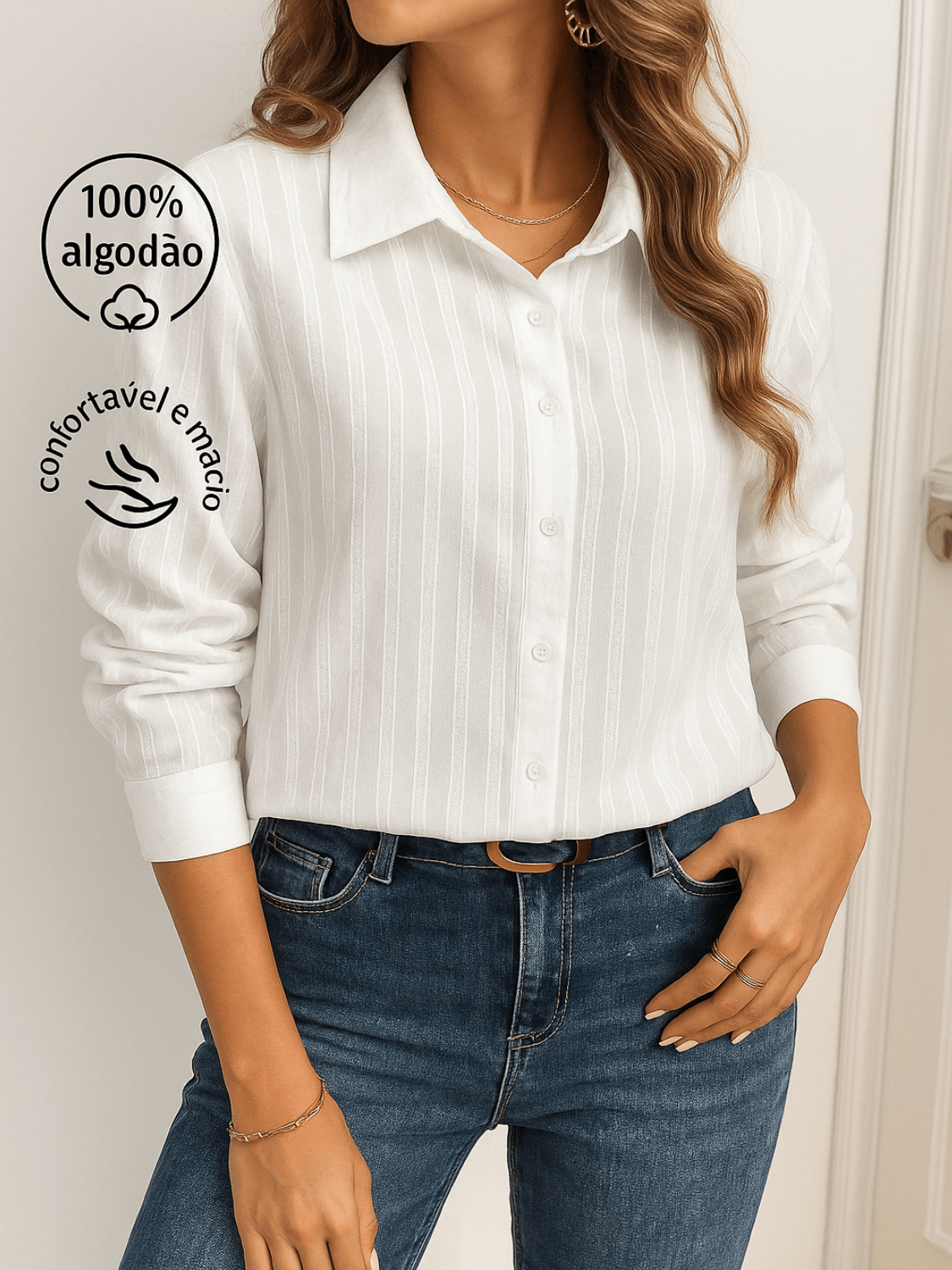 Camisa Feminina Texturizada com Listras Verticais com Fechamento em Botões e Punhos Estruturados - Karina
