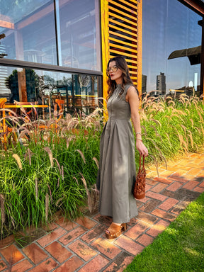 Vestido Longo com Zíper no Busto Cintura Império e Bolsos – Liriel