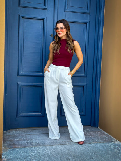 Calça Feminina Pantalona Branca Cintura Alta com Fecho e Zíper - Zoe