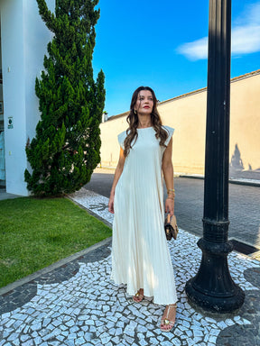 Vestido Longo Plissado Soltinho com Mangas Curtas e Decote – Diana [FRETE FULL]