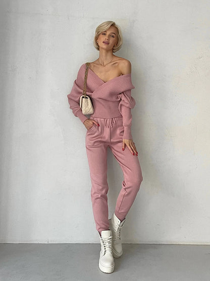 Conjunto Feminino Blusa Canelada Ombro a Ombro com Punhos e Calça Cós Elástico Ajustável com Bolsos - Olivia