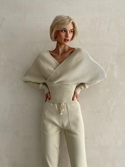 Conjunto Feminino Blusa Canelada Ombro a Ombro com Punhos e Calça Cós Elástico Ajustável com Bolsos - Olivia