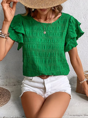 Blusa Texturizada com Babados nas Mangas e Gola Redonda – Sofia
