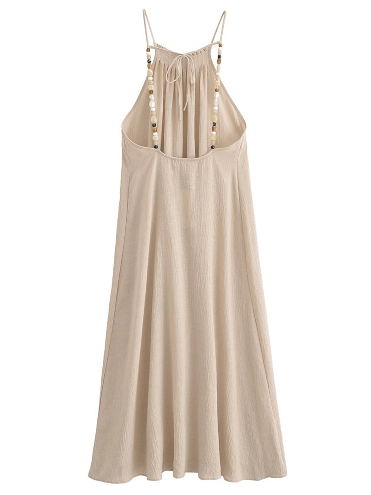 Vestido Feminino Longo em Linho com Pedrarias e Amarração nas Costas - Athena