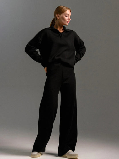 Conjunto Feminino com Suéter Gola Polo e Calça Flare com Elástico na Cintura - Isis