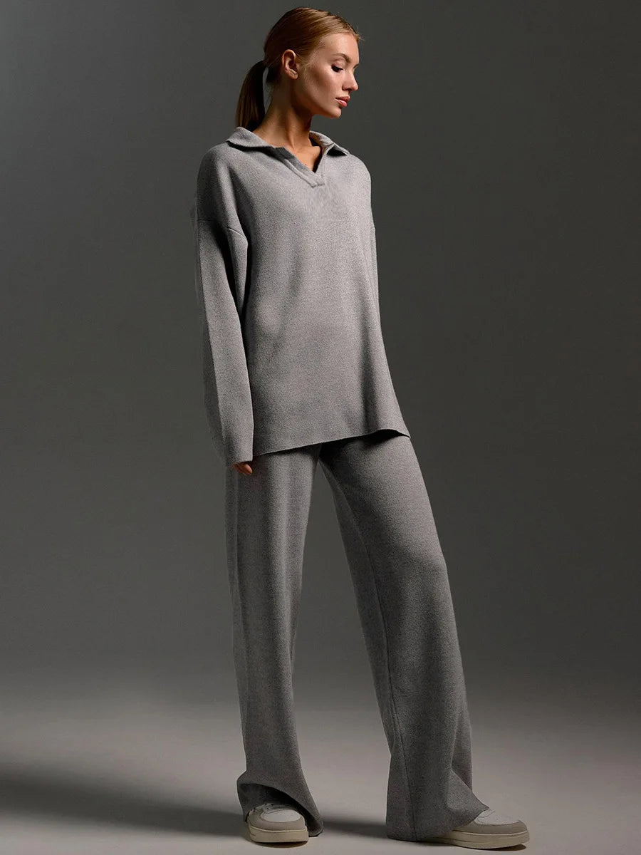 Conjunto com Suéter Gola Polo e Calça Flare Cintura Elástica - Isis